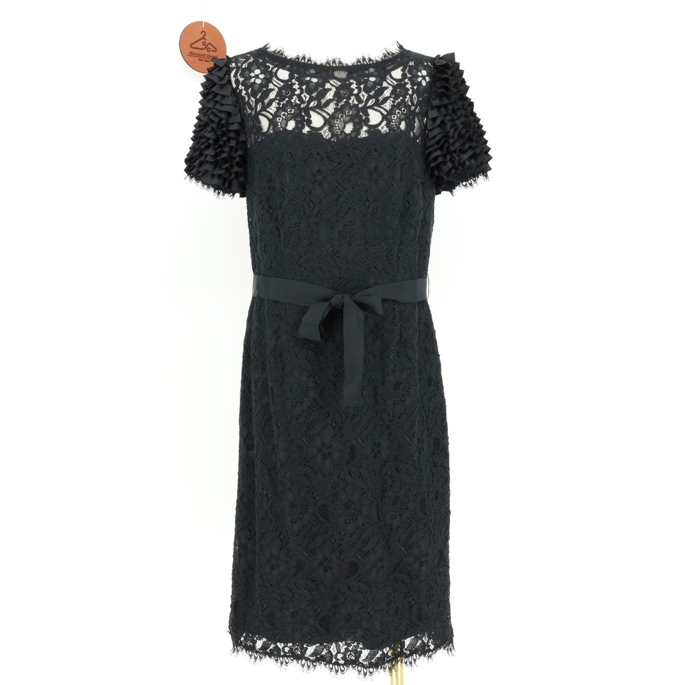 NUE by Shani Black Floral Lace Ruffle Sleeve Sheath Dress with Belt Size 12